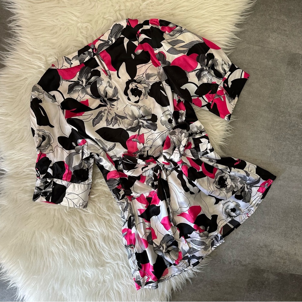 BCBGMaxAxria Black, White, and Pink Floral Bow Blouse